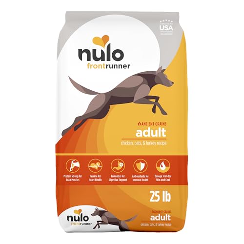 Image of Nulo Frontrunner Dry Dog Food - Adult High-Protein Chicken, Oats & Turkey Recipe, Natural Kibble with Ancient Grains, Probiotics, Taurine, Omega 3 for Small, Medium and Large Breeds, 25lb Bag