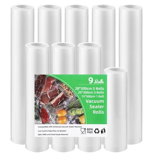 BUCOMTU 9 Rollen Vakuumierbeutel 28/20/15 x 300cm Vakuumierfolie Vacuum Beutel Vakuumbeutel Lebensmittel Einschweißfolie für Vakuumierer BPA-frei reißfest
