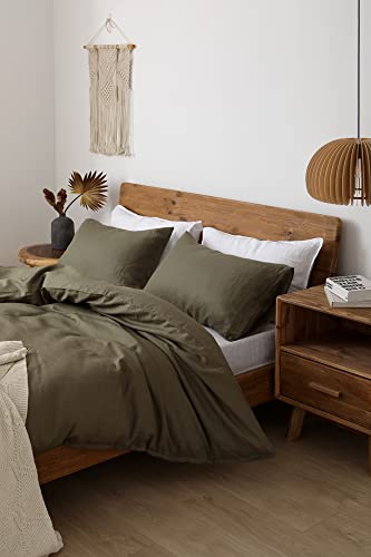 Image of XZ XIFA 100% Washed French Flax Linen Duvet Cover Set - 3 Pieces, Cooling & Textured Farmhouse Bedding for Hot Sleepers, with Zipper Closure (Olive Green, Queen)