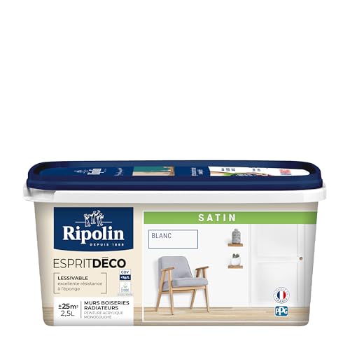 RIPOLIN - Peinture Intérieure Multi-Supports – Murs, Boiseries & Radiateurs – Ultra-Couvrante – Lessivable – Application Facile – Ecolabel - Satin -...