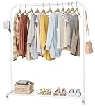 HOMIDEC Clothes Rail, Portable Clothes Rack with Hook and Metal Storage Shelf, Heavy Duty Clothes Rail on Wheels, Clothes Rails for Bedroom, Hanging Rails for Clothes, Holds up to 40 kg, White