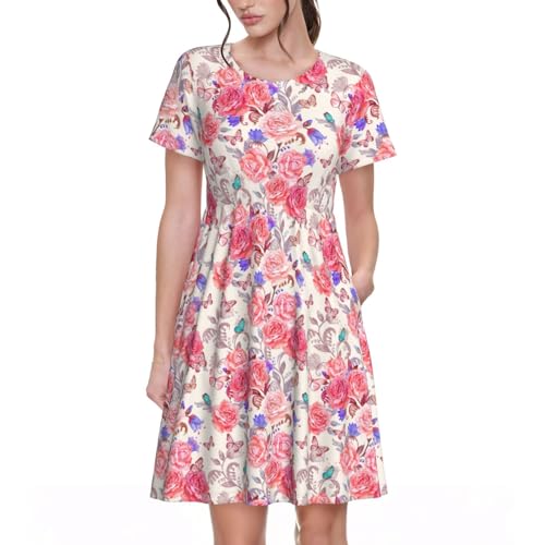Robe d'été manches courtes en tissu fluide à motif papillon chic