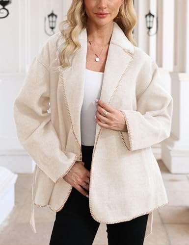 SeekMe Women's 2025 Peacoat Open Front Belted Notch Lapel Long Sleeves Trench Coat Fall Winter Overcoat4