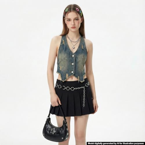 Image of Cute Y2k Purse for Women, Star Embroidery Pattern with Chain Strap Shoulder Bag, Goth Style Cute Mini Purse
