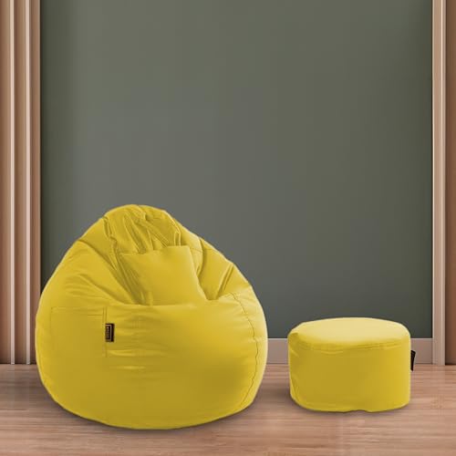 Image of Seventh Heaven 4XL Bean Bag Cover with Footrest and Cushion (Without Beans) | Premium Scratch Resistant Leatherette | (Leatherette Fabric - Yellow)