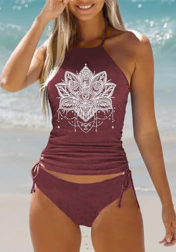 Image of Womens Two-Piece Tankini Set Cow Skull with Leopard Print Sets Swimwear Tankini Top Sets Swimwear