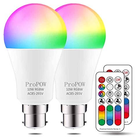 ProPOW LED Colour Changing Light Bulb with Remote,B22 10W RGB Light Bulbs Bayonet 75 Watt Equivalent A60 LED Colour Bulb with Timing, Memory, RGB+Soft White,Dimmable (2-Pack) Cover