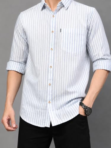 Image of Majestic Man Men's Cotton Linen Striped Full Sleeve Slim Fit Shirt for Men