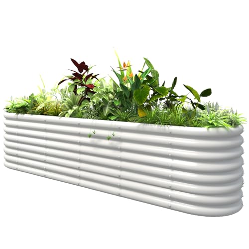 24" Tall Raised Garden Beds Outdoor, 8ft X 2ft X 2ft Metal Modular Raised Garden Bed, 12-in-1 Planter Box for Growing Flowers, Herbs, and Vegetables, Pearl White