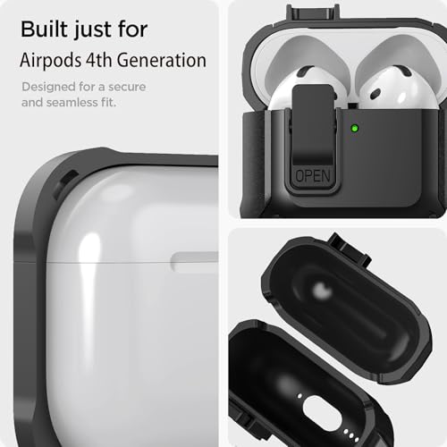 Olytop for Airpods 4 Case with Lock Clid, Rugged Apple Airpods 4th Generation Cover 2024 Men Women, Armor Shockproof iPod 4 Gen Protective Hard Shell with Carabiner&Cleaner kit, Black