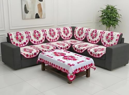 Image of Fab Nation Sofa Cover L Shape 5 Seater with Corner L Type Fully Covered Sofa Set for Living Room | Cotton Sofa Slipcovers for 3 + 2 Seaters Cover with 1 Table Cover | Floral Pink