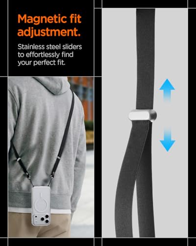 Spigen DA30L Lanyard Strap für iPhone 17 Serie, Verstellbares Band für Hals, Schulter & Crossbody mit Hybrid-Nylon & Wildleder, Magnetische sichere Verbindung – Schwarz