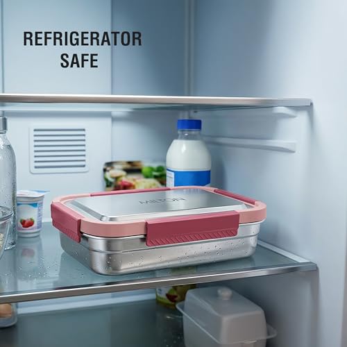 Image of MILTON Modern Meal Sr. Stainless Steel Tiffin, Set of 2 (950 ml,150 ml), Pink | Food Grade | BPA Free | Refrigerator Safe | Odour Free I Durable and Stylish Lunch Box for Home, Office & Travel