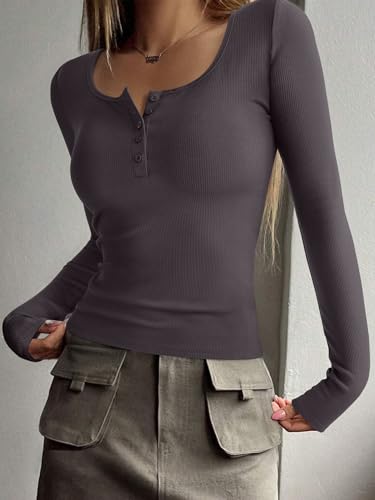 REORIA Women's 2025 Fall Long Sleeve Henley T Shirts Button Ribbed Knit Slim Fit Casual Basic Tops Blouse Smoke Grey Small — view 6