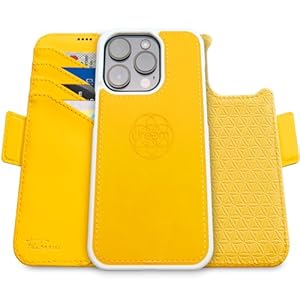 Dreem Fibonacci compatibel met iPhone 15 Pro Max portemonnee case / 2-in-1 schokbestendig hoesje en afneembare veganistisch lederen folio, MagSafe compatibel, RFID-bescherming [Geel]