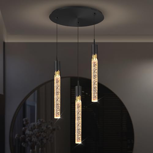 kaixunl 3 Light Mini Chandelier Black Modern Crystal LED Pendant Light for Kitchen Island Adjustable Hanging Light Fixture for Dinning Room Bedroom Dimmable 2700K 4500K 6000K