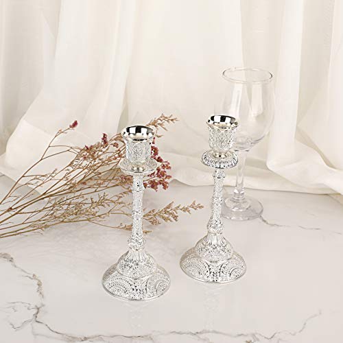 Ownmy Set Of 2 Taper Candle Holders Vintage Metal Pillar Candlestick Holders 7.4”, Elegant Brass Candle Stick Holders Decor Candelabra Set For Dining Table Centerpieces Wedding Home Decoration, Silver #TOP1