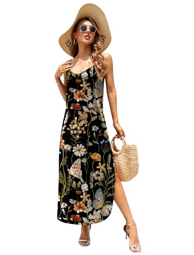 Image of HUSKARY Women's Summer Casual Sleeveless V Neck Strappy Split Loose Dress Beach Cover Up Long Cami Maxi Dresses with Pocket