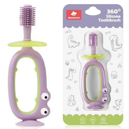 Image of dearlomum 360° Baby Toothbrush with Suction Base,Toddler 12 Months up,Infant Oral Cleaner, Baby Tongue Cleaner,Food-Grade Silicone,Adjustable Safety Shield