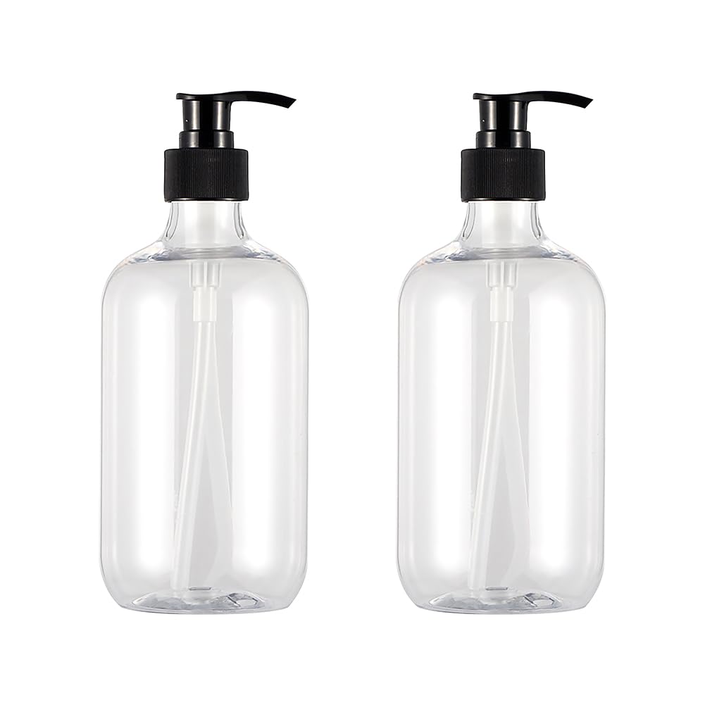 HugeDE 2 Pcs 500ml 16.9oz Clear Plastic Pump Bottles Reusable Empty Lotion Soap Bottles Refillable Lotion Dispensers Travel Shampoo Containers for Essential Oil