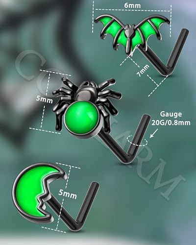 COCHARM 3PCS Halloween Nose Stud 20g Glow in the Dark Nose Ring Stud Black Bat Spider Black Nostril Stud L Shape Surgical Steel Nostril Piercing Jewelry for Women Men3