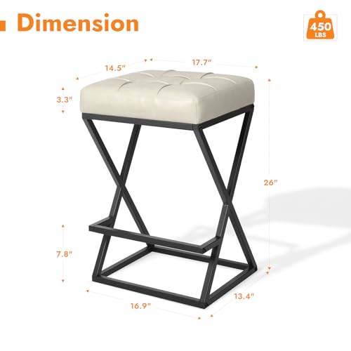 Image of Bar Stools Set of 3, 26 Inch Counter Height Faux Leather Cream White | Backless Counter Stools Upholstered Seat, X-Frame Metal Legs, Footrest, Mid-Century Modern for Kitchen Island Home Bar