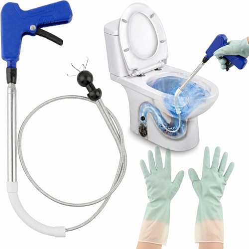 Toilet Snake Drain Auger with Gloves, 51-Inch Flexible Spring Plumbing Auger, Heavy-Duty Clog...