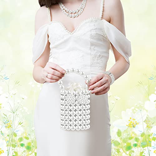7 Pcs Pearl Clutches Bucket Handbag Set Pearl Jewelry Pearl Necklace Bracelet Earring Set Evening Bags With Chain For Xmas (White Silver) #TOP4