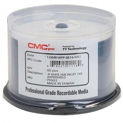 cmc Pro/Taiyo Yuden Watershield White inkjet Hub Printable DVD-R 16 x 50 spindle