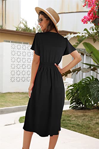 ROYLAMP Women's Floral Button Up Split Dress Deep V Short Bell Sleeve Casual Midi Dress with Pockets3