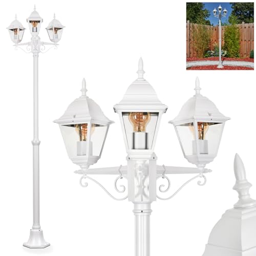 Außenwegeleuchte Naofe, Wegeleuchte aus Metall/Glas in Weiß/Klar, Kandelaber in antikem Look, Höhe max. 220 cm, Gartenbeleuchtung IP44, 3 x E27,...