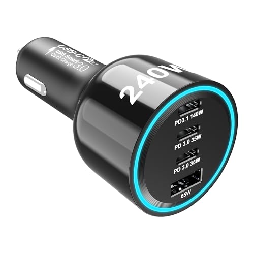 URVNS 240W USB C Car Charger, Super Fast Charging 4-Ports PD3.1 140W/PD3.0 100W PPS 45W QC65W Type-C Car Adapter for MacBook Pro Laptop iPhone 16 15 Max iPad Samsung Galaxy S24/23 Pixel etc