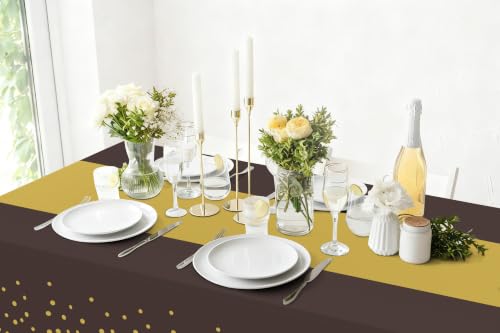 Image of Smiry Plastic Table Cloth Disposable 4 Pack, 54 x 108 Inch Rectangle Waterproof Tablecloth, Printed Gold Table Runner Style for Birthday Weeding, Party Decorations, Leakproof & Sturdy, Gold and Coffee