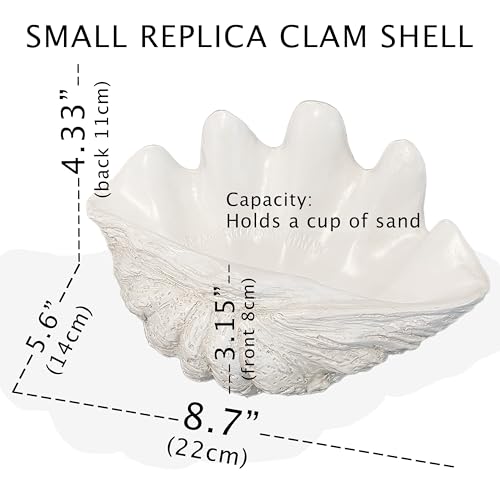 Huey House Small Clam Shell Sculpture - 8.75Lx 5.6Wx 4.33H Handcrafted White Resin Replica - Seashell for Home Decoration