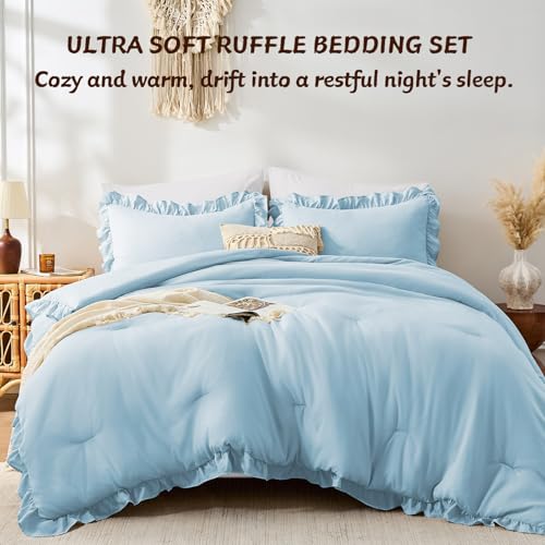 Image of FUANNA Full Size Comforter Sets Light Blue, 3 Pieces Ruffle Full Size Bedding Sets, Fluffy Bed in a Bag Full for All Seasons, Shabby Chic Full Bed Set with 1 Lightweight Comforter & 2 Pillowshams
