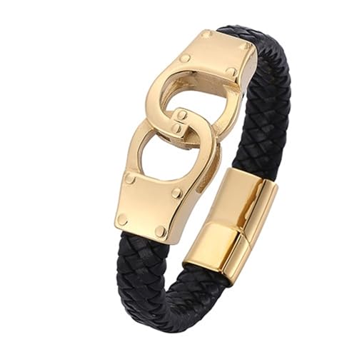 Aotiwe Bracelet Fantaisie, Bracelet Or Plaqué Noir Menottes en Corde Tressée Cuir en Acier Inoxydable 18.5cm