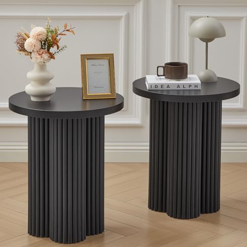 Image of Small Sofa Side Table Set of 2, Fluted Accent Pedestal End Table, Wood Round Night Stand, Farmhouse Bed Side Table Drink Tables for Living Room, Small Spaces (Black-2PCS)