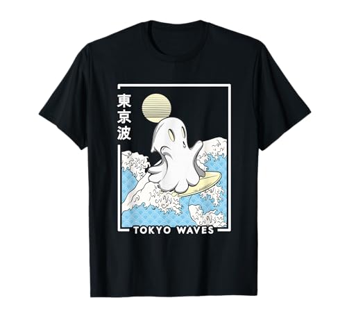 Ghost Boo Surfing Japanese Waves Anime Kids Kawaii Aesthetic T-Shirt