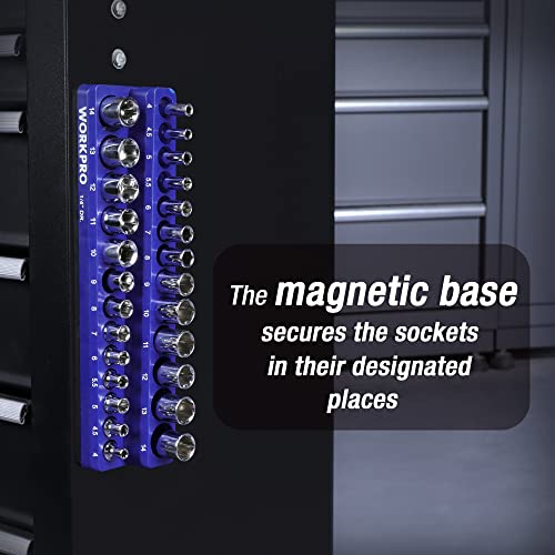 Image of WORKPRO Magnetic Socket Organizer, 1 /4-Inch Metric Socket Holder | Hold 26-Piece Sockets, Suitable for Standard and Deep Socket, Magnetic Base, No Scratches Installation, Sockets not Included