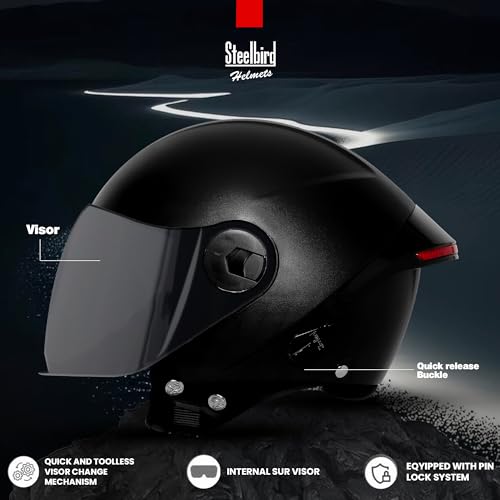 Image of Steelbird SBH-64 Brutal Plus Reflector ISI Certified Open Face Helmet for Men and Women with Extra Smoke Visor