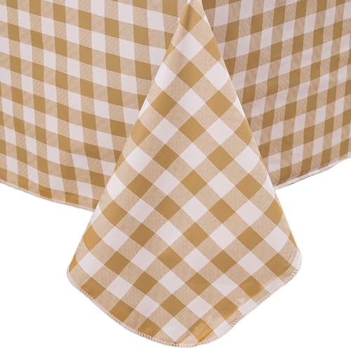 Image of Heavy Duty Vinyl Tablecloth with Flannel Backing Waterproof Oil-Proof Plastic Table Cloth Stain-Resistant Wipeable Rectangle or Square Table Cover for Indoor and Outdoor (Khaki Checkered, 60x84 Inch)