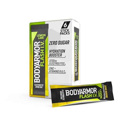 BODYARMOR Flash I.V. Electrolyte Packets Lemon Lime Zero Sugar Drink Mix Single Serve Packs Coconut Water Powder Hydration for Workout Travel Essential Just Add Sticks to Liquid (6 Count)