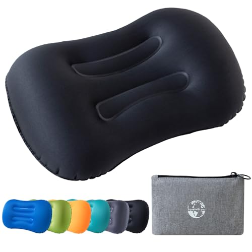 JetsCush Almohada de Camping Ligera y Compacta, Almohada Hinchable de Playa y Viaje con Aire y Soporte Ergonómico para Acampada, Senderismo y Accesorios Camping (Negro)