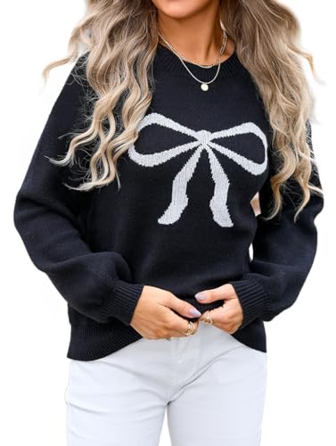 Image of Womens Knitted Pullover Bow Sweater Long Sleeve Crewneck Y2k Casual Bow Top