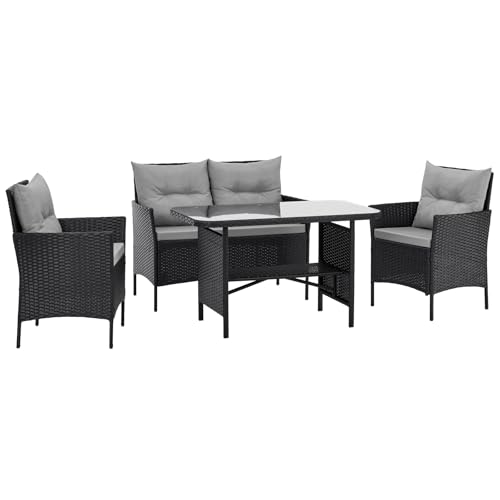 SVITA Dallas Gartensitzgruppe Polyrattan 4-teilig Outdoor Set mit 2 Sesseln 2er-Sofa & Esstisch Wetterfestes PE-Rattan Stahlrahmen & Sitzkissen Schwarz