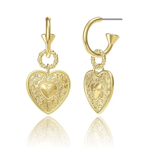 14K Gold Plated Heart Earrings for Women, Hypoallergenic Half Hoop Drop Earrings, Gift for Wife Mom Her by Febsky