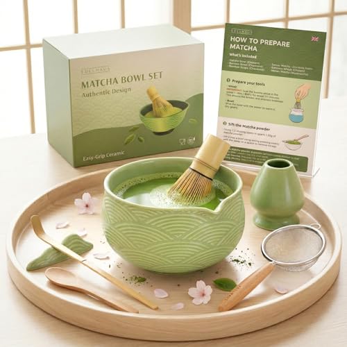 EDELHAUS Matcha 7 Teiliges Set für Matcha Ceremonie, Matcha Tea Besen/Sieb/Edelstahl Löffel – Ideales Set für Einsteiger, Einzigartiges Design – Matcha Schale mit Auslauf und Besenhalter