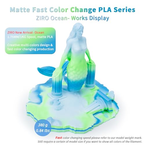 Image of ZIRO 3D Printer Filament, Fast Color Changing Filament 1.75mm, Color Gradient PLA Filaments, Matte Texture, Dimensional Accuracy + /- 0.03mm, Fit Most 3D Printer 2.2lbs Spool, Ocean(Matte)