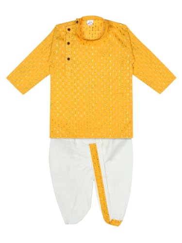 Image of superminis Boy's Cotton Kurta with Dhoti - Golden Thread Work, Solid Round Collar, Full Sleeves, Side Button Kurta Set for Ethnic Wear