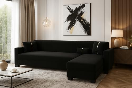 Image of SOCOZI Almeria 5 Seater RHS L Shape Sofa Set | Soft Velvet Suede Fabric | Modern Design | Plush Comfort Cushions for Living Room (Black)